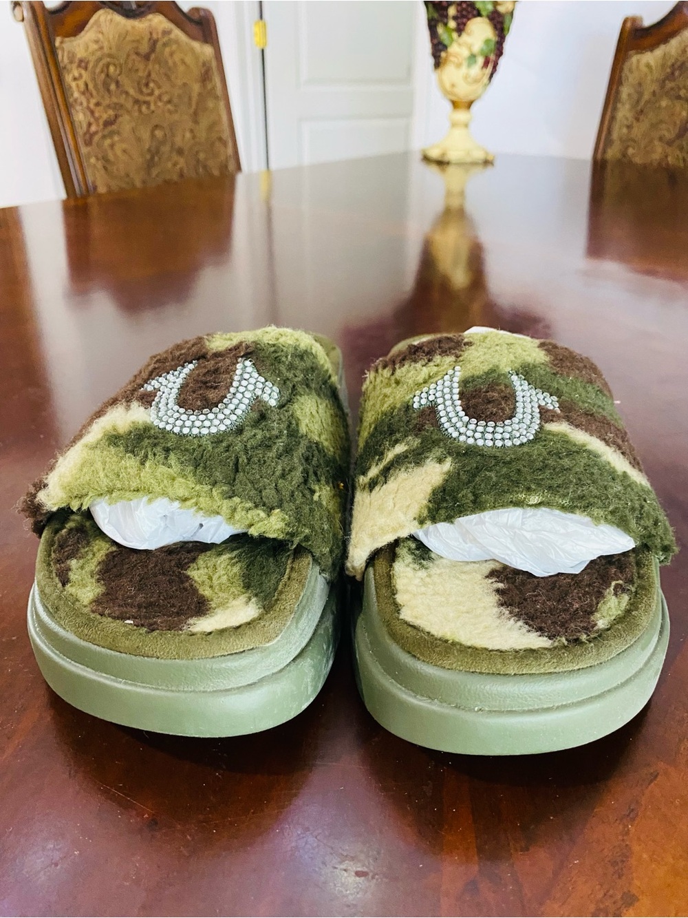 True Religion Green and Brown Fuzzy Camouflage Slide